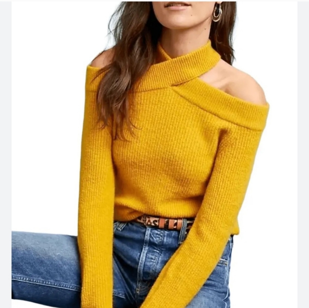 Anthropologie Mustard Yellow Off-Shoulder Knit Sweater